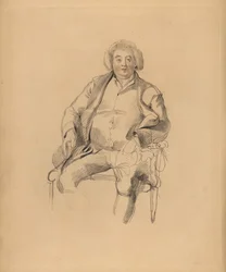 Sir Thomas Lawrence apjának, Thomas Lawrence fogadós portréja. Parókás férfi egy széken ülve. Frederick Christian Lewis kézzel színezett metszete Sir Thomas Lawrence illusztrációja után a P.G.-től. Patmore drágakő kabinetje, Ackermann, London