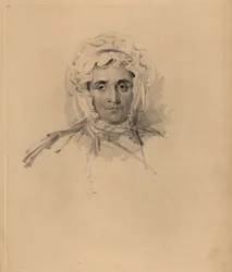 Sir Thomas Lawrence édesanyjának, Lucy Readnek a portréja a halálhoz közel. Motorháztetőben és magas nyakú ruhában. Frederick Christian Lewis kézzel színezett metszete Sir Thomas Lawrence illusztrációja után a P.G.-től. Patmore drágakő kabinetje, Ackermann
