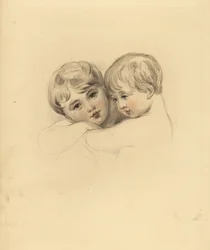 Az ölelkező Calmeady-gyerekek portréja. Frederick Christian Lewis kézzel színezett metszete Sir Thomas Lawrence illusztrációja után a P.G.-től. Patmore drágakő kabinetje, Ackermann, London