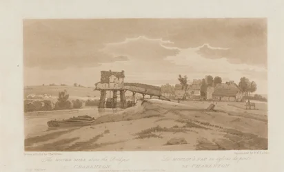 A vízimalom a híd felett Charentonban 1803; A párizsi Views 20. táblája, a B181.25.2629 tábla Emanuel kötetének nyomkövetése