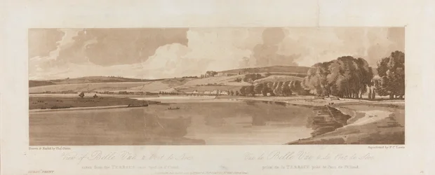 Kilátás a Belle Vue-re és a Pont de Seve-re a Pont de St. Cloud 1802 közelében lévő teraszról; 13. tábla Nézetek Párizsban, a B1981.25.2622. tábla Emanuel kötetének nyomkövetése