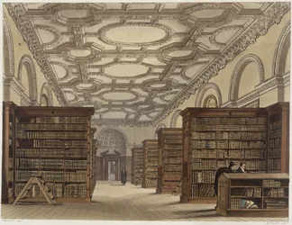 A Cambridge-i Közkönyvtár belseje, a "The History of Cambridge"-ből, Daniel Havell (1785-1826) metszete, kiadta R. Ackermann, 1815 (színes akvatinta).