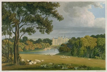Kilátás a Burghley-házra, Exeter márki székhelyére, metszett és kiadó: Robert Havell (1769-1832), 1819 (színes metszet)