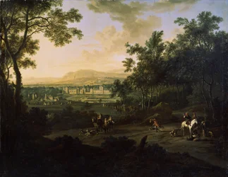 Táj vadászokkal. Frederick de Moucheron (1633-1686) festménye. Olaj, vászon, holland művészet, barokk stílus. Mikhail Kroshitsky Művészeti Múzeum, Szevasztopol (Szevasztopol) Ukrajna