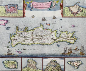 Candia (Kréta) szigetének térképe Heraklion tengeri kikötőjével, kb. 1680