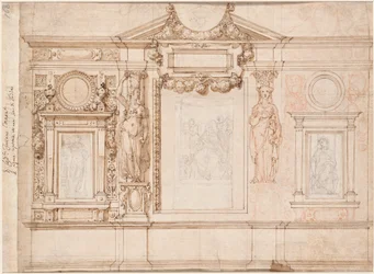 Fali dekoráció tervezése Raphael verso után beragasztott vázlatokkal, c. 1580-90-es évek.