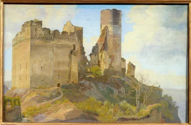 Kilátás a Schonburg-kastély romjaira Oberwesel mellett a Rajna mellett, Németországban Frederik Hansen Sodring (1809-1862) festménye
