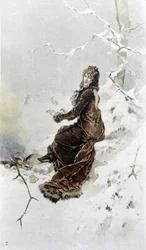 Nő a hóban: A tél allegóriája, a naptárat Hubert Dys illusztrálta, festette F. H. Kaemmerer