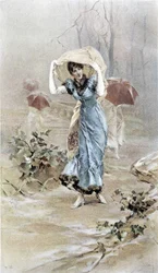 Nő, aki megvédi magát az esőtől - kora ősz allegóriája, Hubert Dys illusztrálta naptár, F. H. Kaemmerer festette