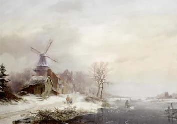 Holland: Téli táj, faluval, szélmalommal és figurákkal Téli táj, faluval, szélmalommal és figurákkal