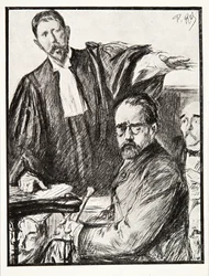 Dreyfus a tárgyalásán, A Harmadik Köztársaság története című kötetből. I, Political History, pub. 1933 (litho)