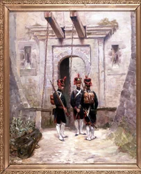 3 átalakító tüzér, 65 x 58 cm-es festmény, De Villeneuve katonai festő 19. század végi olajfestménye.