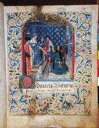 AE II 523 A „Livre Ferre” bemutatása a királynak a Cour des Comptes (vellum) tisztviselői által