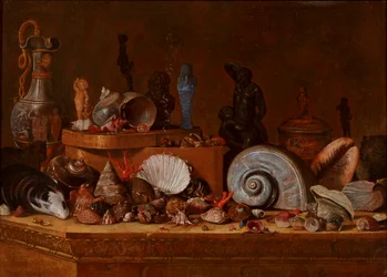 A Különlegességek szekrénye: Kagylók korallal és egy fadoboz, valamint régiségek, köztük egy egyiptomi Ushabti kő talapzaton, 1730-70 körül (olaj, vászon).