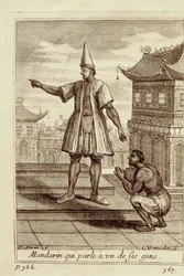 Egy mandarin férfi beszélget az egyik emberével, Guy Tachard Voyage du Siam des Peres Jesuites című sorozatából, 1688