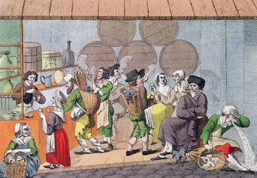 Művészek, sárkaparók és rongykereskedők találkozója, karikatúra a párizsi Palais Royal népszerű kávézójáról, 1800 körül