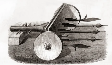 Ribauldequin, pokolgép- vagy orgonafegyver, kis ágyúkkal és csukákkal felfegyverkezve, a Les Merveilles de la Science-ből, megjelent 1870 körül (metszet)