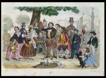 Egy utcai varázsló a Place de la Bastille közelében, Párizsban, metszett H. Jannin, 1840-50 körül