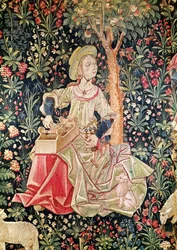 Egy fonó nő, részlet a Le Travail de la Laine-ból, a La Noble Pastorale része, 1500 körül (gyapjú és selyem kárpit)