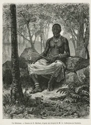 Egy feticheur, a fetiche varázserejét használni képes varázsló, D. Maillart rajza, Alfred Marche 1875-1877-es gaboni és Ogoue-folyó menti utazásának történetét illusztrálja. Metszet a Le tour du monde-ban