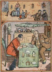 Egy férfi gúnyolódik a fideles misére menő fideleseken . Ugyanez az ember figyelmesen hallgatja egy médium szavait . Karikatúra a "Le Pelerin" február 26-i számában.