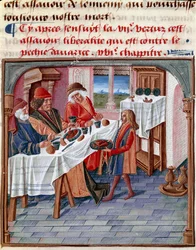 Egy férfi megosztja az asztalát egy szegény rászorulóval Miniatűr a „Le livre de bonnes moreurs de Jacques Legrand” 1490 Chantilly, Musee Conde-ból