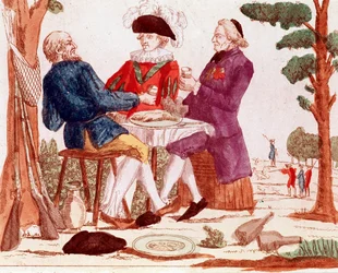 Paraszt (tiers etat), papság és arisztokrata együtt esznek nyulat egy asztalnál, jobbra háttérben vadászjelenet, balra három puska, 1789. augusztus (metszet, 18. század vége)