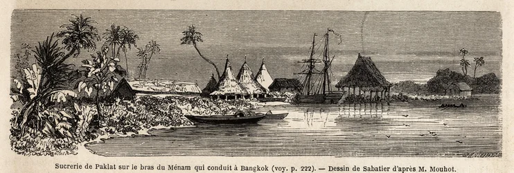 Paklat cukorgyára Thaiföld fő folyója, Menam ágánál, Sabatier rajza Henri Mouhot 1858-tól 1861-ig tartó Sziámi, Kambodzsa és Laosz királyságába vezető utazásának illusztrálására. ”, szerkesztette Edouard Charto