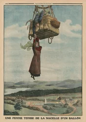 Egy nő lezuhan a léggömb gondolájából, a hátsó borító illusztrációja a „Le Petit Journal”-ból, mellékillusztráció, 1913. június 1. (színes litó)