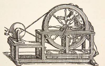 Abbe Nollets elektromos gép, 1746, Boris Mestchersky (†1957) másolata, illusztrációja a Histoire de la Nation Francaise, Sciences, I. és II. kötetből, Gabriel Hanotaux (1853-1944), 1924