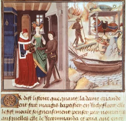 Ördögjelmezt viselő színész, miniatűr a Renaud de Montauban ciklusból, Franciaország, 15. század.