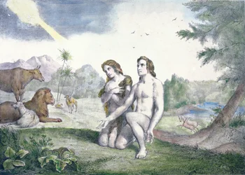 Ádám és Éva az Édenkertben, 19. század vége (színes metszet)