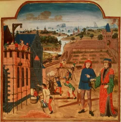 Add hozzá 19720 f.27 Kertes ház építése formális kertekkel és tájjal a háttérben, a Livre des Prouffits Champetres et Ruraulxból, Pietro de Crescenzi (1230-1320/1) (vellum)