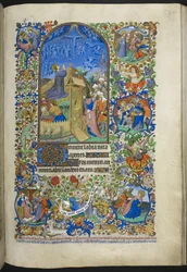 Add hozzá Ms 18850 f.208r, Hours of the Passion: Agony in the Garden, további jelenetekkel a szegélyen, Book of Hours (The Bedford Hours) c.1410-30 (tinta, szín és arany pergamen)
