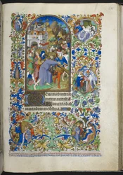 Add hozzá Ms 18850 f.235r, Hours of the Passion [Sext], Krisztus hordozza a keresztet, Book of Hours (The Bedford Hours) c.1410-30 (tinta, szín és arany pergamen)