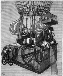 Repülés: a „Polar Star” ballon felemelkedése 1874-ben. A nagy magasságban fellépő légzési problémák leküzdésére a két légiközlekedési szakember oxigént tartalmazó ballonokat szerelt fel, amelyeket gumitömlővel szájon keresztül lélegeztek be. Metszet a „” L