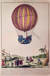 Aerostat: a második kísérlet a léggömbön való repülésre. Charles és Robert leszállnak a Párizs melletti Prairie de Nesle-re egy hidrogéngázzal működő léggömbön tett utazás után, 1783. december 01-én. Metszet a 18. századból.