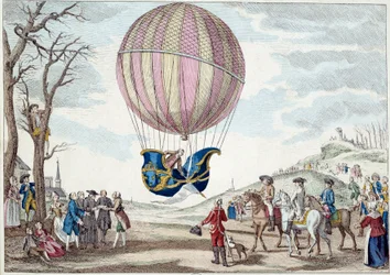 Aerostat: a második kísérlet a léggömbön való repülésre. Károly és Robert hidrogéngázzal működő ballonjának felszállása a Prairie de Nesle-en, Párizs közelében, 1783. 12. 01-én. Névtelen 18. századi metszet. Párizs, díszítőművészet
