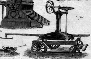 Mezőgazdasági gép: egy hordozható manézs, amelyet 1860-ban a párizsi mezőgazdasági versenyen mutattak be. Metszet az 1860. július 7-i „” Le Monde Illustré”” 169. sz.