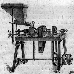 Mezőgazdasági gép: egy kis malom az 1860-as párizsi mezőgazdasági kiállításon. Metszet a „” Le Monde Illustré”” 168. számban, 1860. június 30.