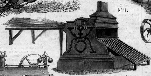 Mezőgazdasági gép: 1860-ban a párizsi mezőgazdasági versenyen bemutatott cséplőgép. Metszet a „” Le Monde Illustré”” 169. sz. 1860. július 7-én.