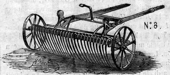 Mezőgazdasági gép: egy angol lógereblye, amelyet a párizsi mezőgazdasági versenyen mutattak be 1860-ban. Metszet az 1860. július 7-i „” Le Monde Illustré”” 169. sz.