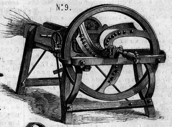 Mezőgazdasági gép: egy angol szalmabalta, amelyet a párizsi mezőgazdasági versenyen mutattak be 1860-ban. Metszet az 1860. július 7-i „” Le Monde Illustré”” 169. sz.