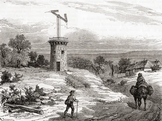 Légi távíróállomás a 18. században, a Les Merveilles de la Science-től, 1870 körül megjelent (metszet)
