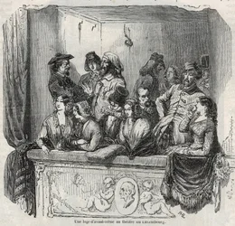 Egy avant-színpadi páholy a luxemburgi színházban Párizsban a 19. században Edmond Texier 1852-es metszete „" Tableau-de-Paris"-ban