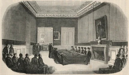 Vizsga a párizsi Jogi Iskola tanácstermében – Edmond Texier 1852. évi metszet „Tableau-de-Parisban”
