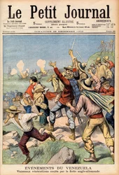 Angol-német beavatkozás Venezuelában 1902-1903-ban - A „Le Petit Journal” első oldala, 1902. december 28.: Venezuelai események: angol és német flotta elsüllyesztett venezuelai hajókat (metszet)