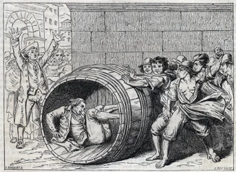 Antiszemita üldözés a 17. században: egy zsidót hordóban gurítanak Róma lakói. „Meo Patacca” illusztrációja, Giuseppe Berneri (1637-1700) verse. Bocourt metszet.