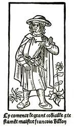 Francois Villon költő apokrif portréja a „The Grand Testament”-ben - „Cycommence le grant codicille & testamet maistre Francois Villon”” (itt kezdődik a grand codicille et testament) kiadás P Levet 1489 (fametszet)