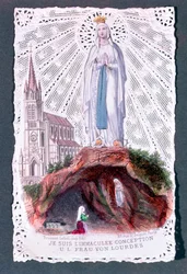 Lourdes-i Szűzanya jelenése, vésette Bouasse-Lebel, 1867 körül (színes metszet csipkepapírra)